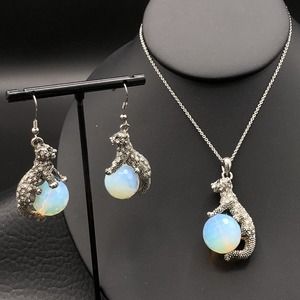 Crystal Cheetah Necklace and Pierced Earrings Set Jaguars Dancing on Glass Balls
